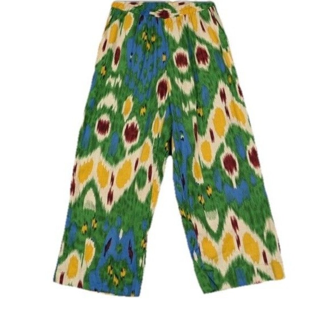 Christian Siriano Linen Pants Womens S Ikat Print Wide Leg Cropped Beach Coastal - Picture 2 of 7